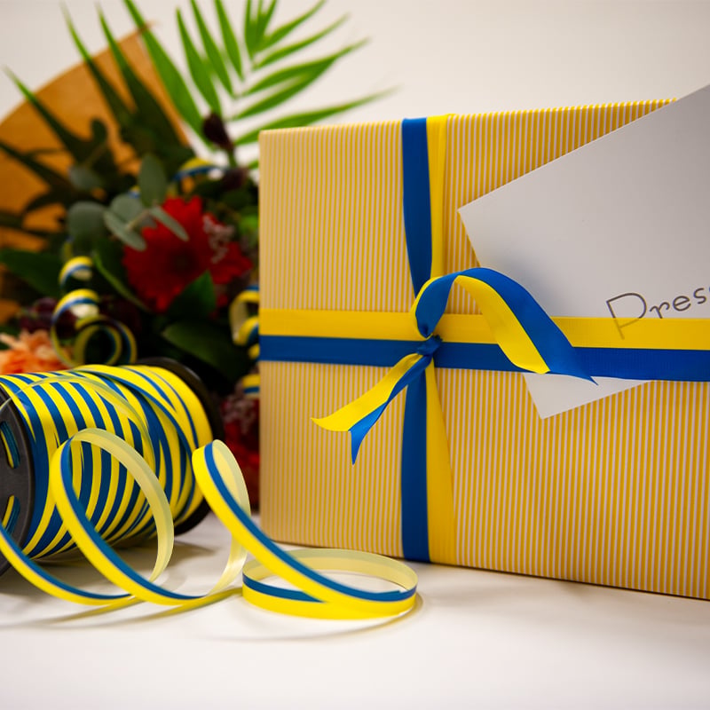 Presentband satin blå/gul - 4