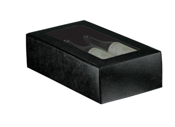 Flaskeæske liggende, med vindue, læderimiteret, sort til 3 flasker - 1