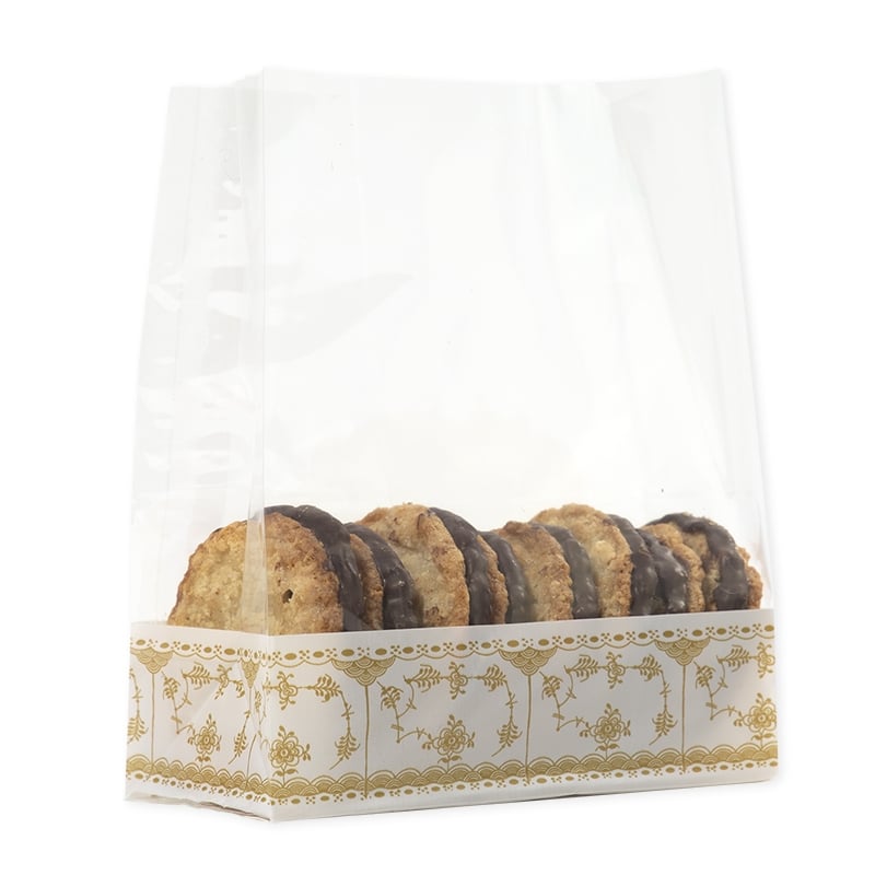 Cellofanposer - fix-up poser, svejset bund guld/hvid print - 1