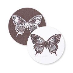 Etiket rund med sommerfugl i sort/hvid
